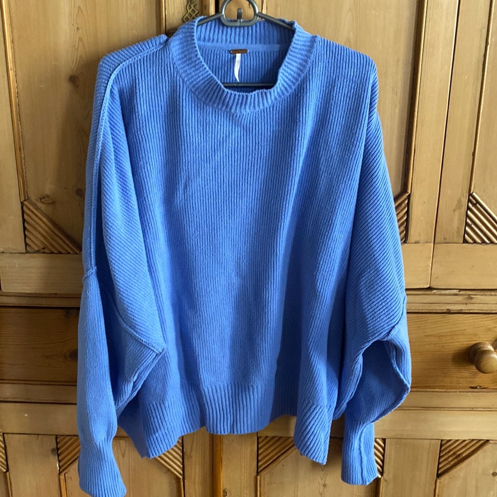 Free People Blue cotton oversized crew neck sweater